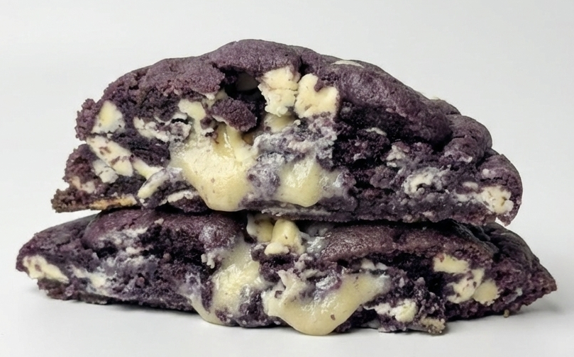 A rich purple ube cheesecake cookie from Chip Bakehouse, showing the vibrant colour of ube filling